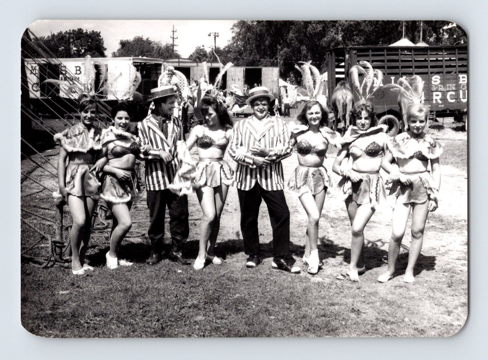 Mills Bros Circus 1940s showgirls and performers posing together on circus grounds photograph
