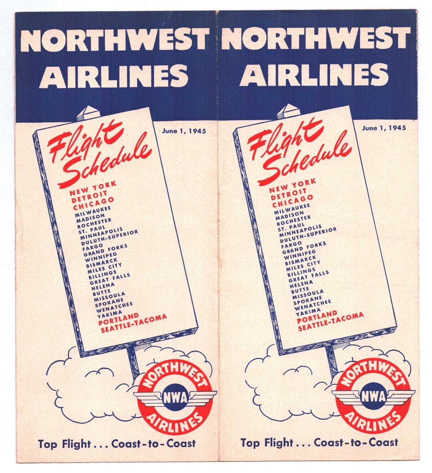 1945 Northwest Airlines flight schedule booklet cover showing blue and cream design with red NWA winged logo and listed cities from New York to Seattle Tacoma.