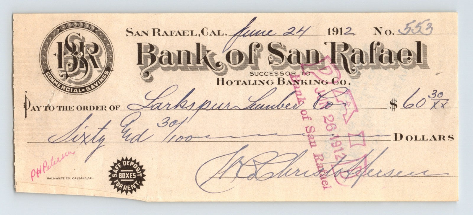 San Rafael California Bank of San Rafael 1912 money order Larkspur Lumber financial document