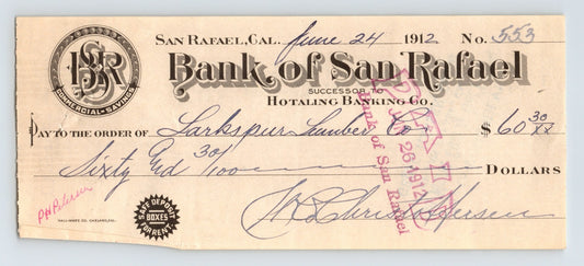 San Rafael California Bank of San Rafael 1912 money order Larkspur Lumber financial document