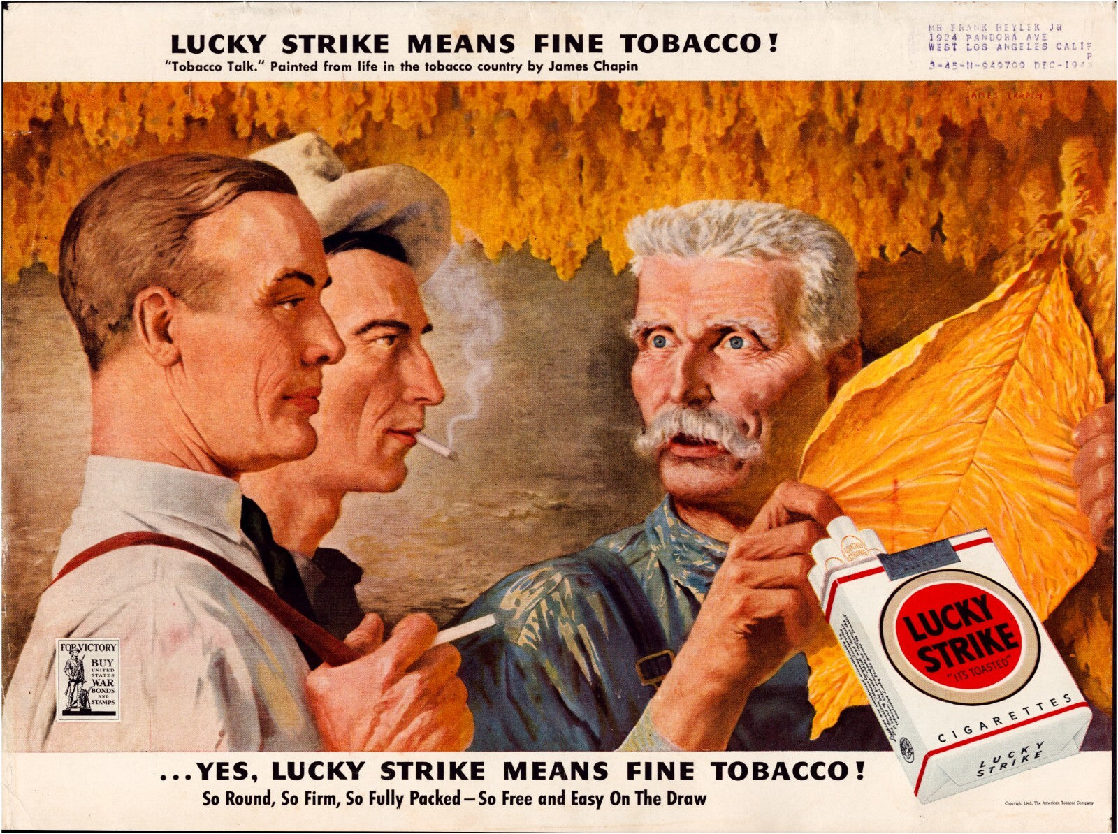 Lucky Strike 1943 tobacco barn print ad showing farmers inspecting tobacco leaf with cigarette pack branding