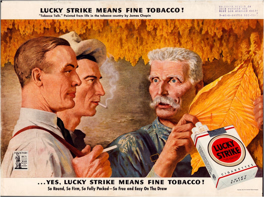 Lucky Strike 1943 tobacco barn print ad showing farmers inspecting tobacco leaf with cigarette pack branding