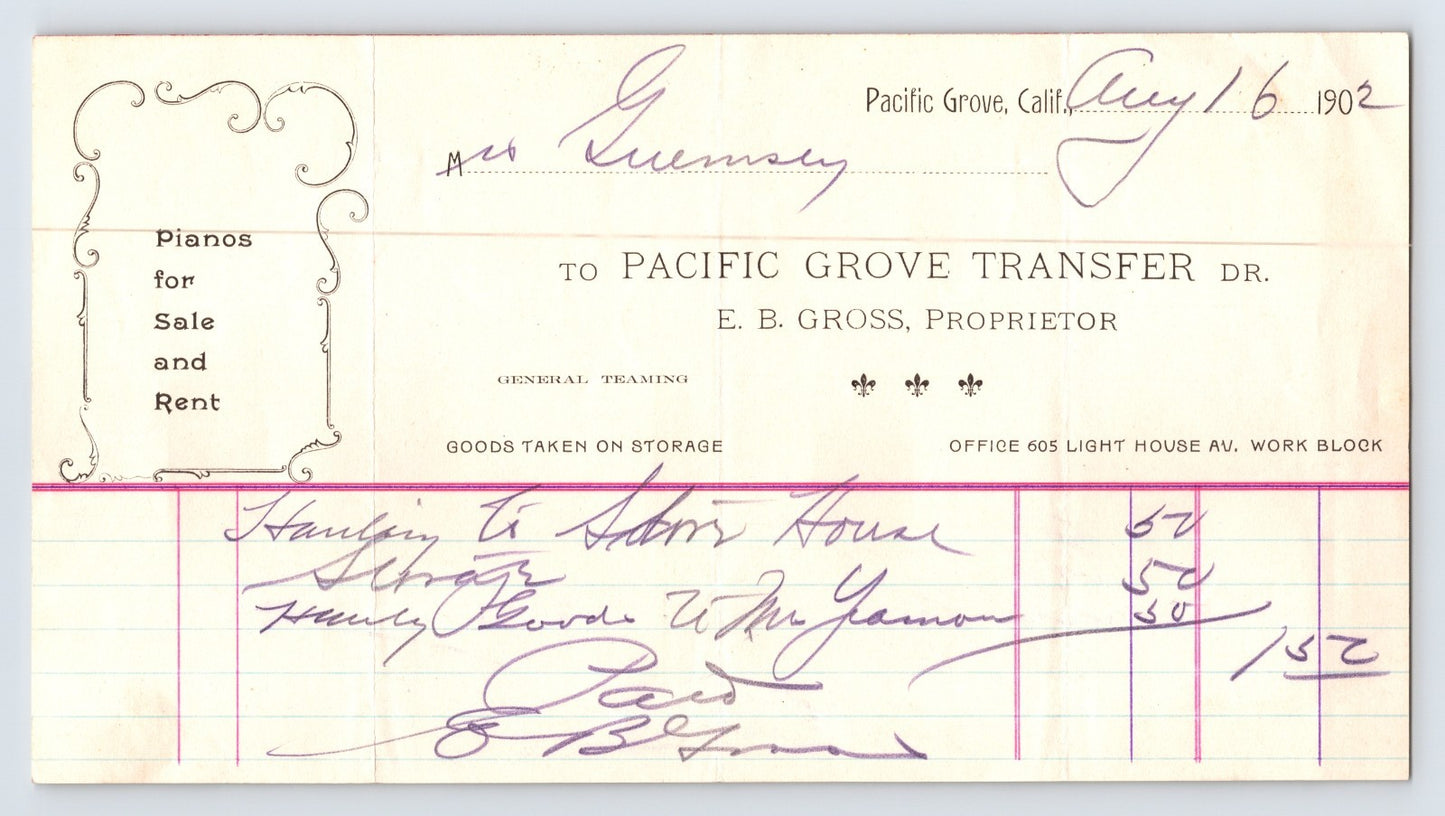 Pacific Grove California 1902 transfer billhead piano sale rent ledger entry