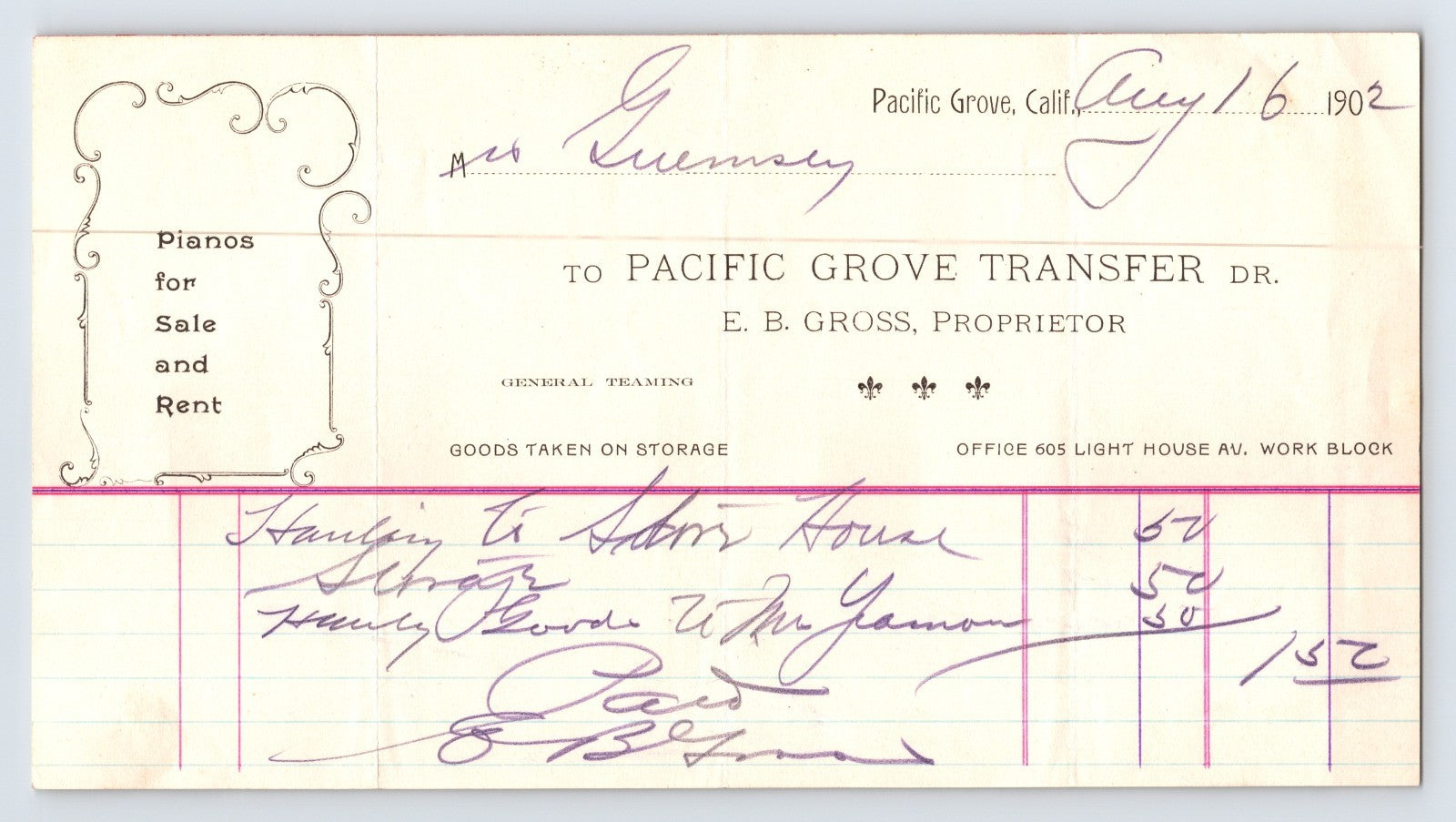 Pacific Grove California 1902 transfer billhead piano sale rent ledger entry