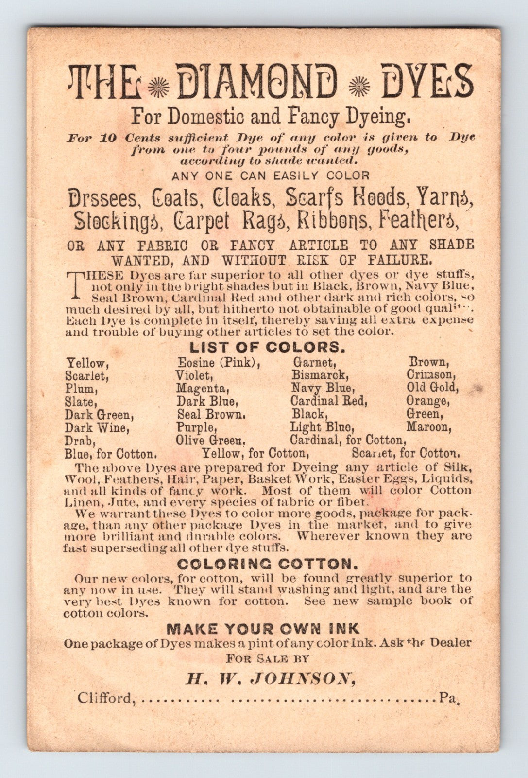 Diamond Dyes Easter Eggs 1890s Victorian Trade Card Product List - 5.5 x 3.5