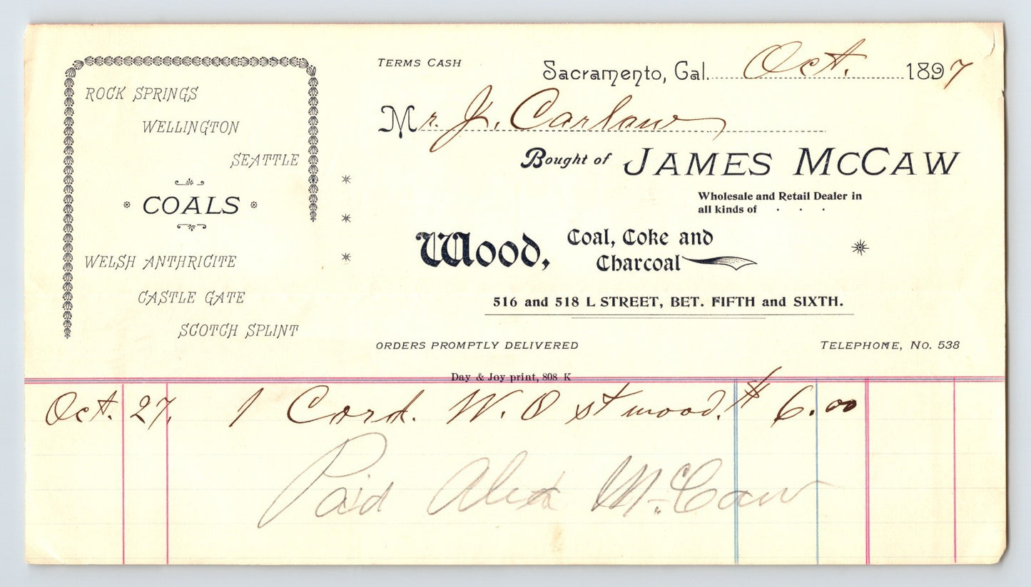 Sacramento California 1897 James McCaw coal charcoal billhead with decorative typography and handwritten transaction