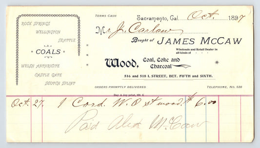 Sacramento California 1897 James McCaw coal charcoal billhead with decorative typography and handwritten transaction