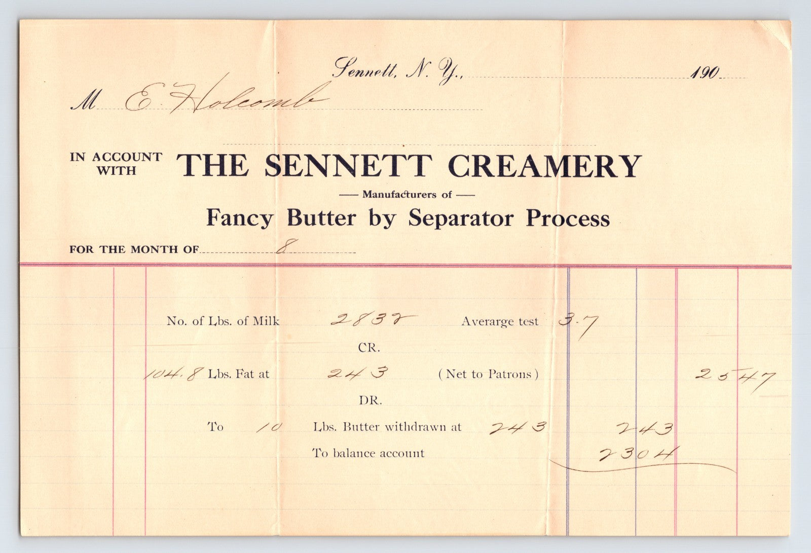 Sennett New York 1900s Sennett Creamery Butter Dairy Billhead Receipt 8 x 5.5