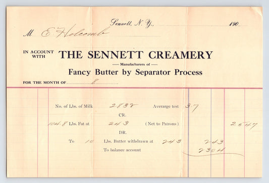 Sennett New York 1900s Sennett Creamery Butter Dairy Billhead Receipt 8 x 5.5