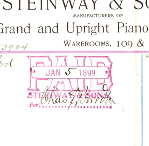 Steinway & Sons New York City 1898 Piano Tuning Billhead 8 x 5
