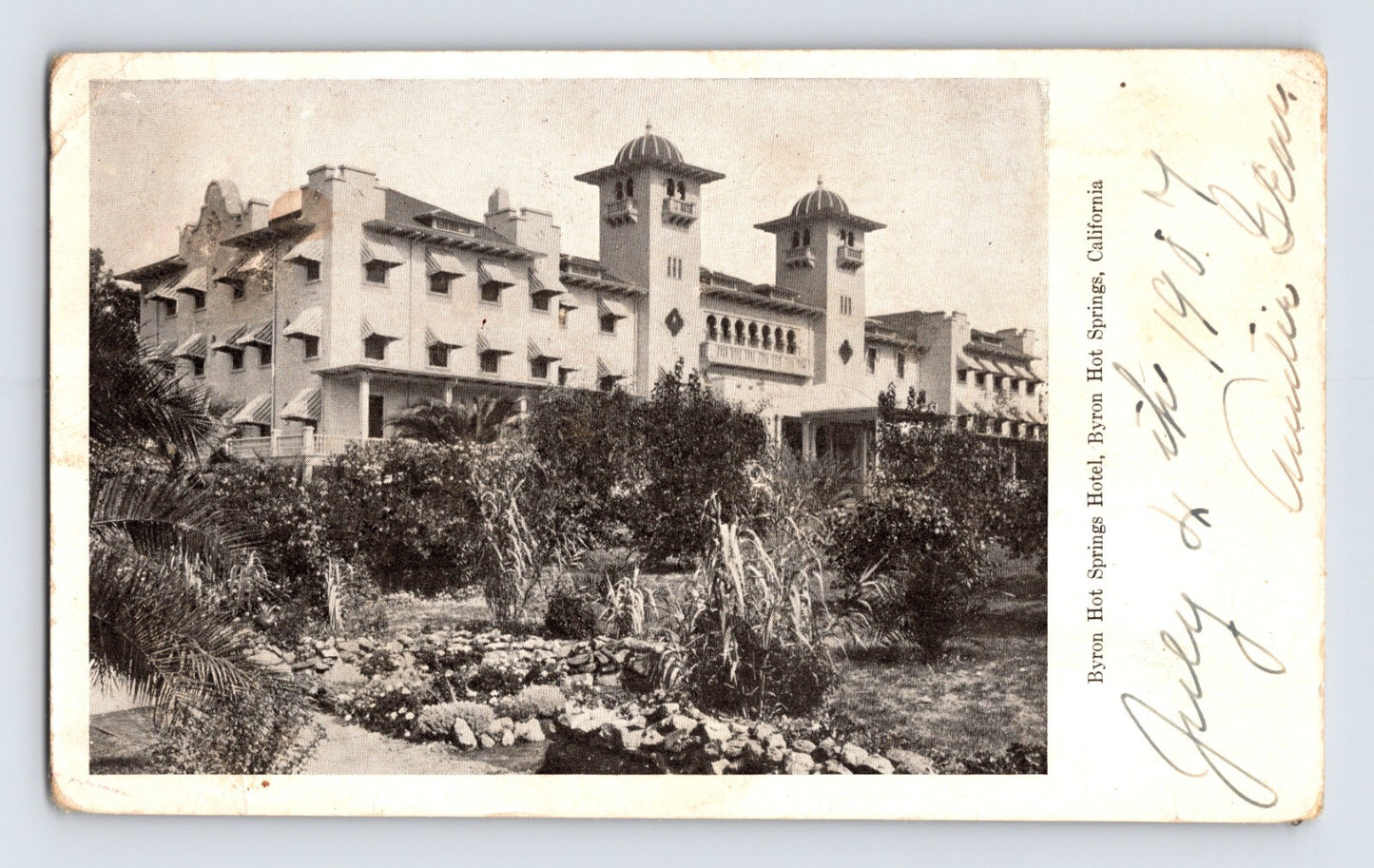 Byron Hot Springs California resort hotel 1907 undivided back postcard posted palm gardens