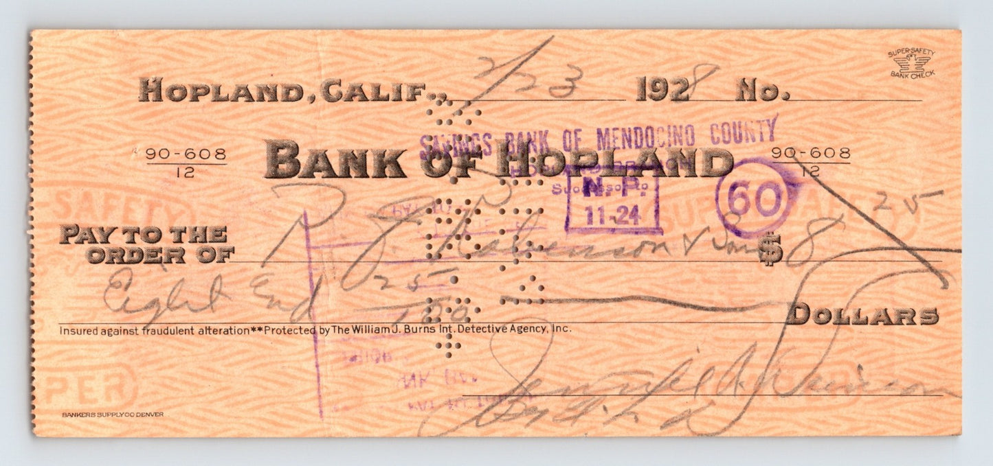 Hopland California Bank of Hopland Mendocino County money order check 1928