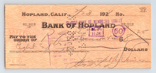 Hopland California Bank of Hopland Mendocino County money order check 1928