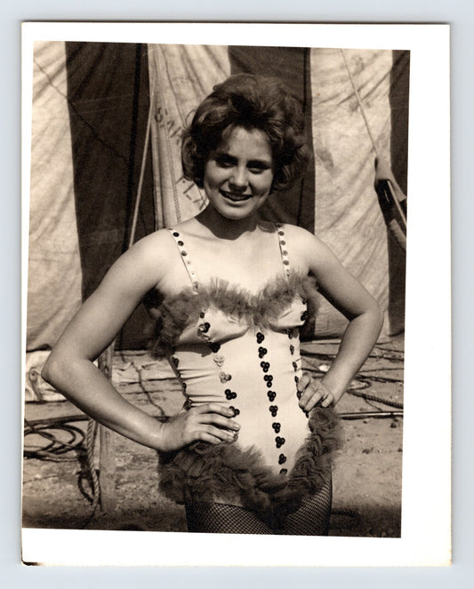 Mills Bros Circus showgirl performer posing in costume beside big top canvas 1964 backstage photograph