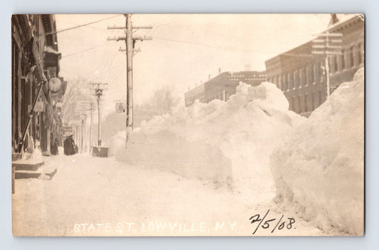 Lowville New York State Street deep winter snow 1908 photo postcard