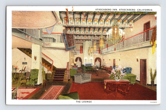 Atascadero California Inn Lounge Lobby 1930s Postcard Unposted White Border