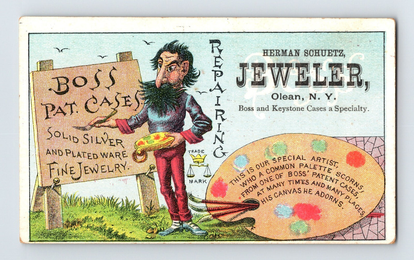 Herman Schuetz jeweler trade card artist palette figure Olean New York 1890s