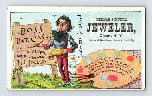 Herman Schuetz jeweler trade card artist palette figure Olean New York 1890s