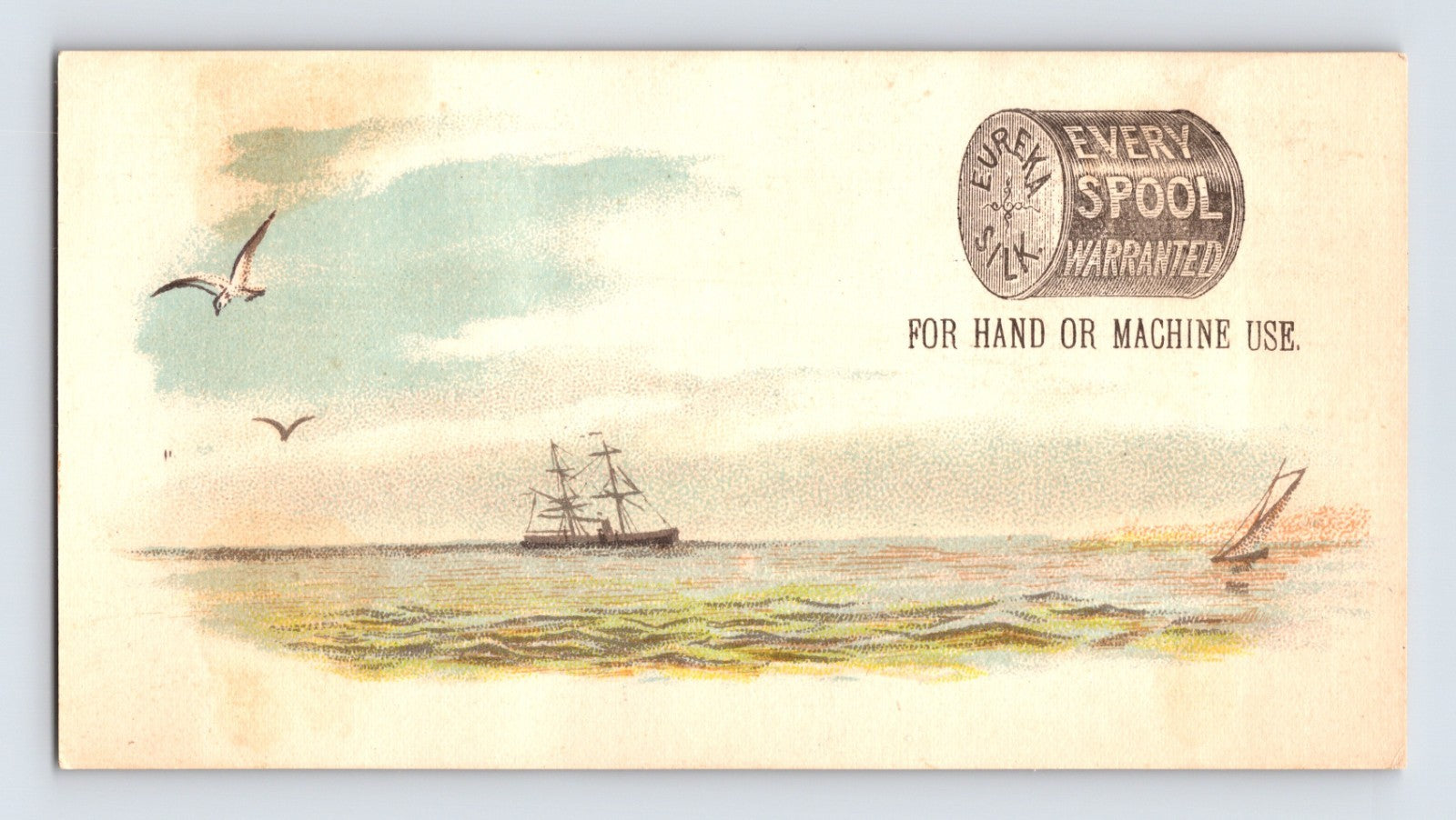 Eureka Silk thread trade card ocean ship seagulls spool advertising 1890s
