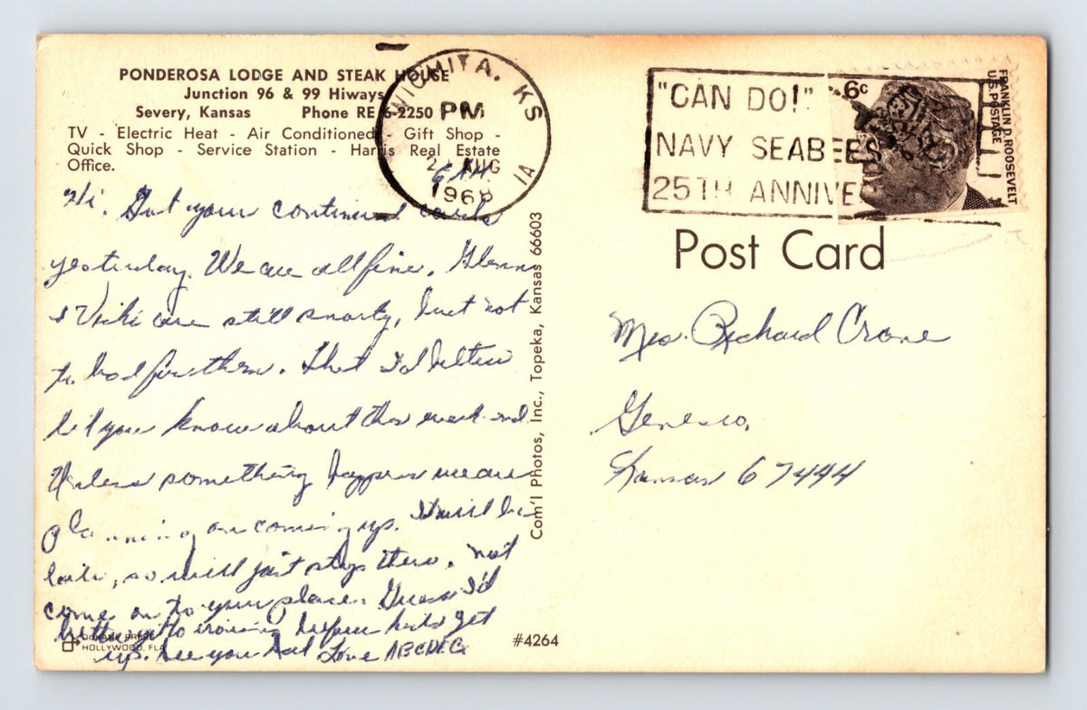 Severy Kansas Ponderosa Lodge Steak House Restaurant 1968 Postcard Posted