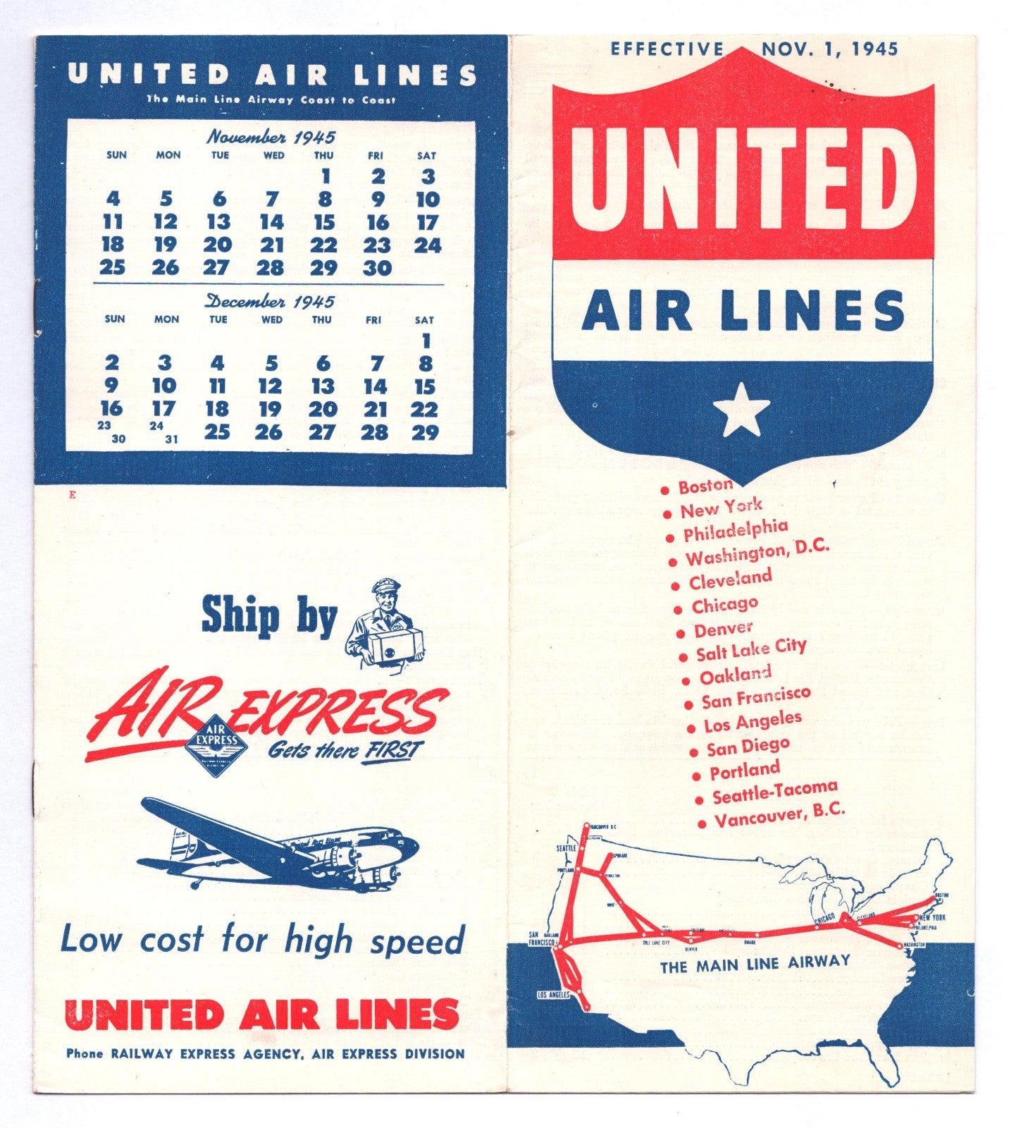 United Air Lines 1945 express shipping system timetable brochure cover with red blue shield logo and route map