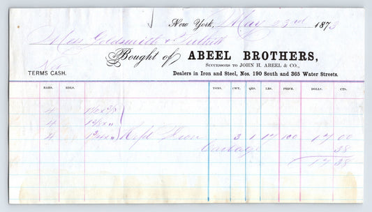 New York City 1873 Abeel Brothers iron steel dealers billhead handwritten ledger invoice South Street Water Street