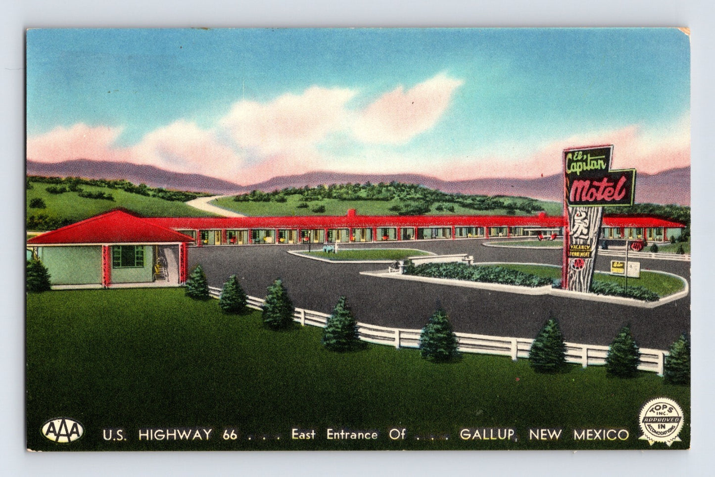 Gallup New Mexico Route 66 El Capitan Motel neon sign courtyard 1950s chrome postcard