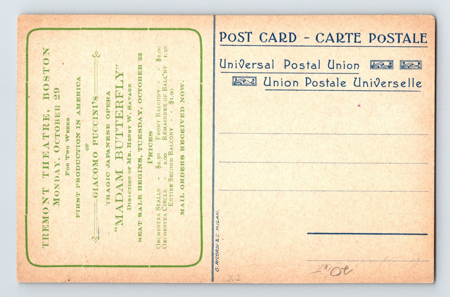 Madam Butterfly Opera 1910s Postcard Tremont Theatre Boston Unposted Divided