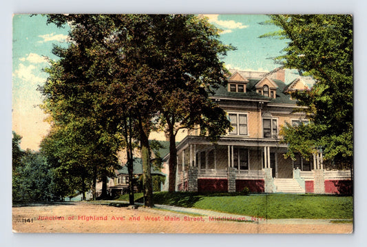 1911 Middletown New York Main Street Highland Avenue postcard showing large Victorian house with wraparound porch and tree lined street