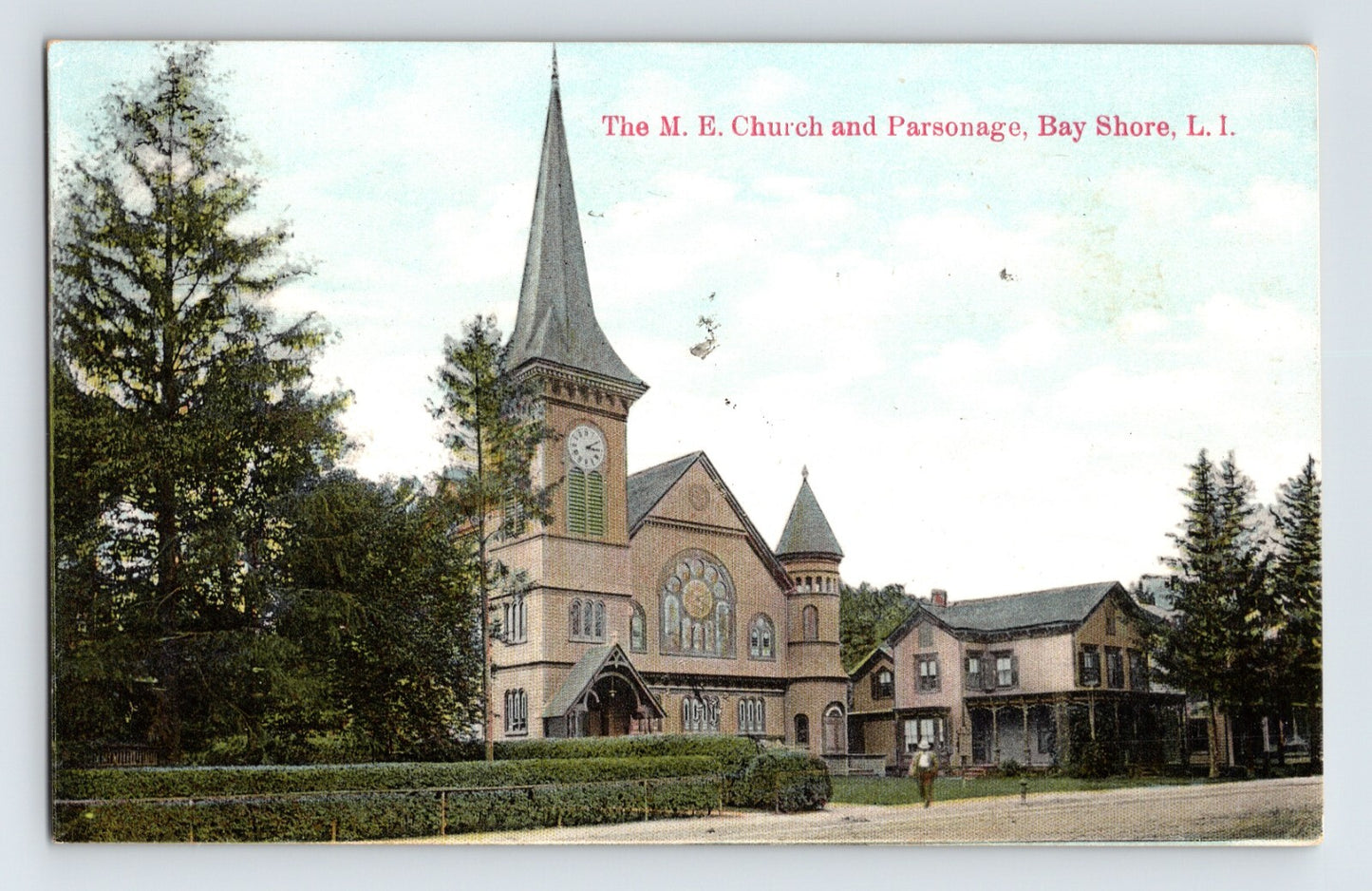 Bay Shore New York Long Island Methodist Church and parsonage 1910s postcard steeple building grounds