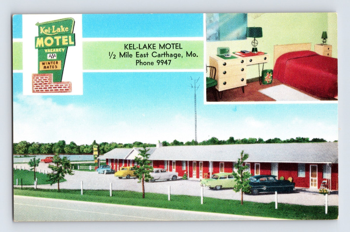 Carthage Missouri Kel Lake Motel Route 66 1950s Postcard Unposted Chrome