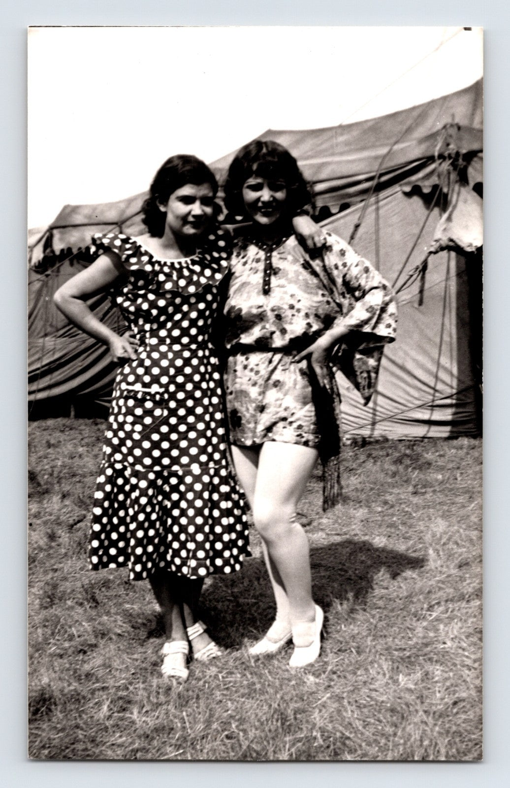 Barnes Sells Floto Circus women performers posing together beside circus tent 1940s circus grounds photograph