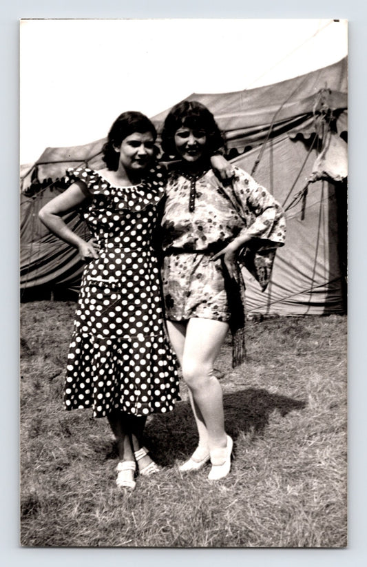 Barnes Sells Floto Circus women performers posing together beside circus tent 1940s circus grounds photograph