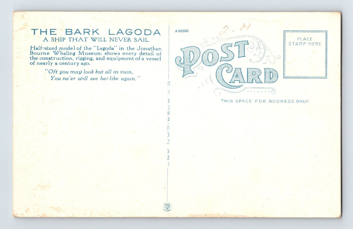New Bedford Massachusetts Lagoda Whale Ship Deck Whaling Museum 1930s Postcard