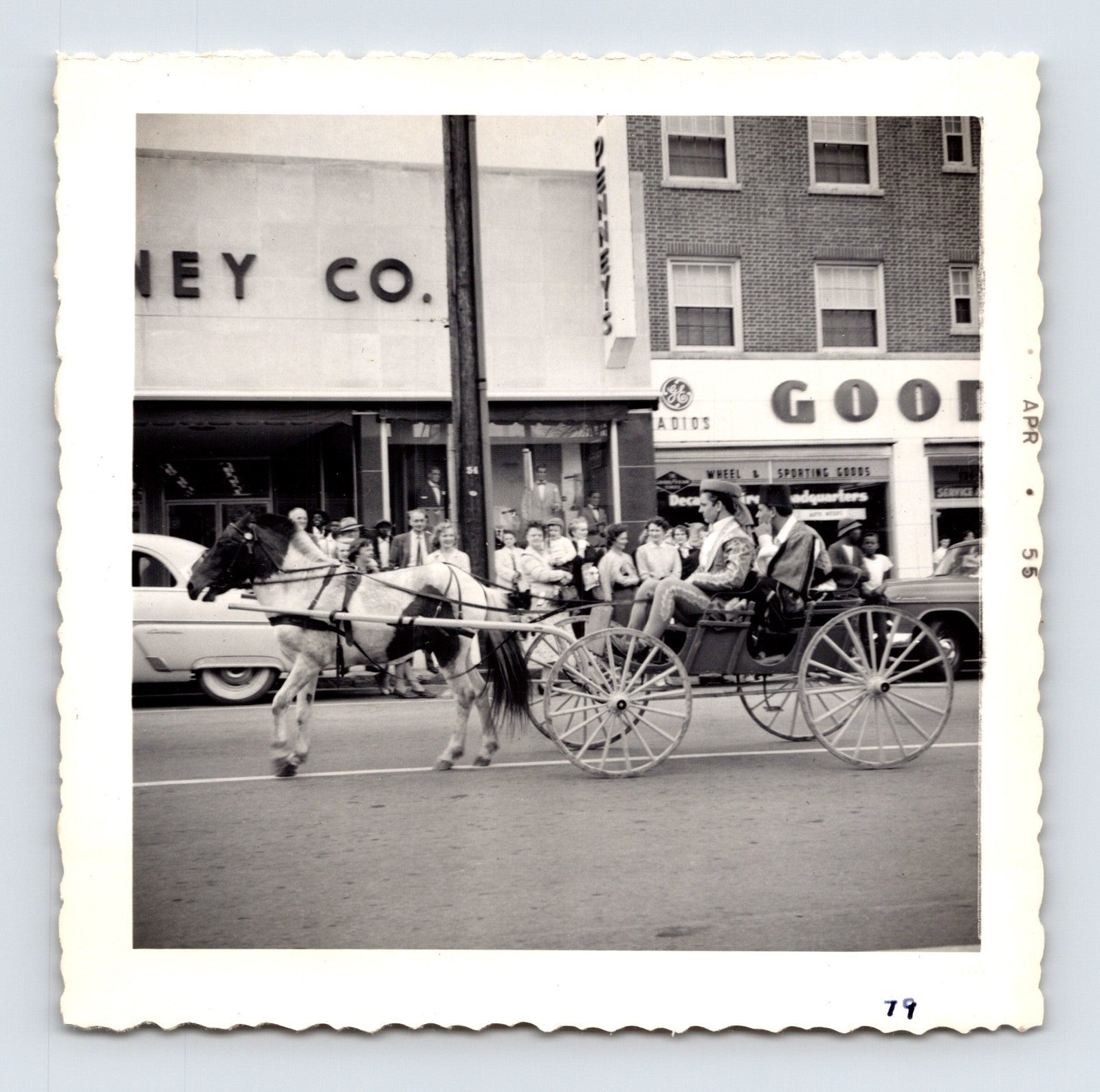 1955 Cole Bros Circus horse carriage parade snapshot photograph showing performers riding through downtown Decatur GA streets during a circus procession