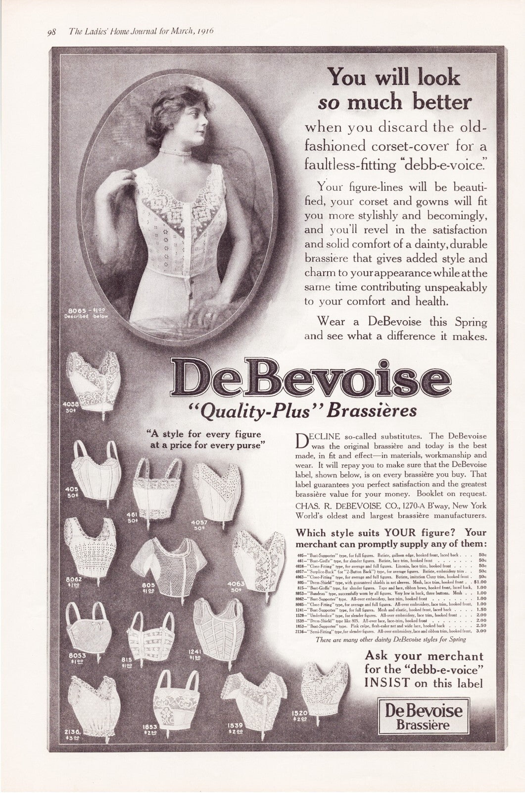 DeBevoise Brassiere Corset Cover Fashion 1916 Print Ad Full Page - 11 x 16