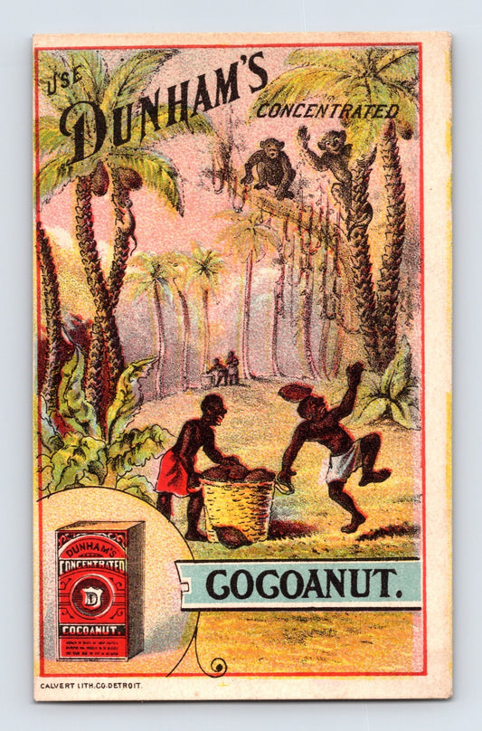 Dunham’s Concentrated Cocoanut Victorian trade card with tropical palm scene and coconut harvesting imagery.