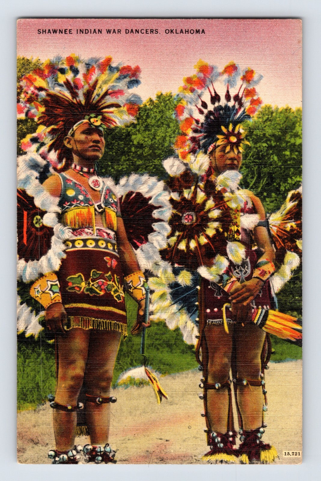 Shawnee Oklahoma Native American dancers feather headdresses war dance postcard 1940s color