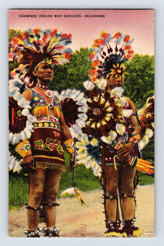 Shawnee Oklahoma Native American dancers feather headdresses war dance postcard 1940s color