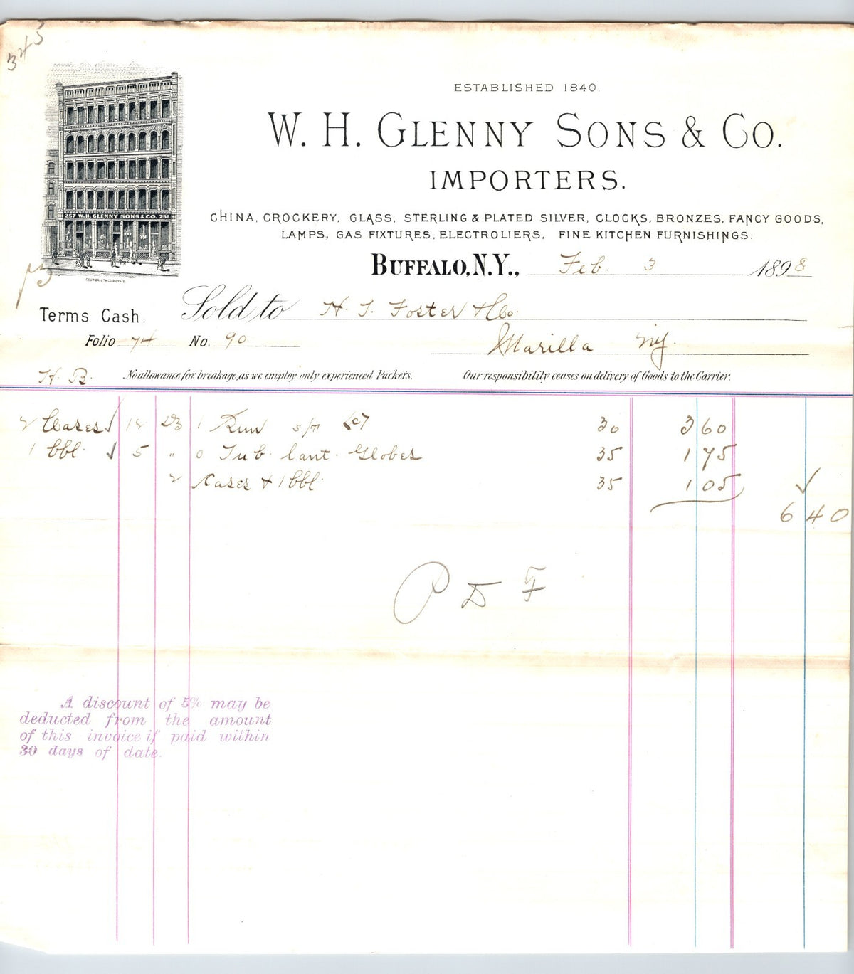 Buffalo New York 1898 W H Glenny Sons importers billhead china glass clocks document ornate letterhead