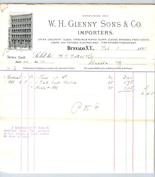 Buffalo New York 1898 W H Glenny Sons importers billhead china glass clocks document ornate letterhead