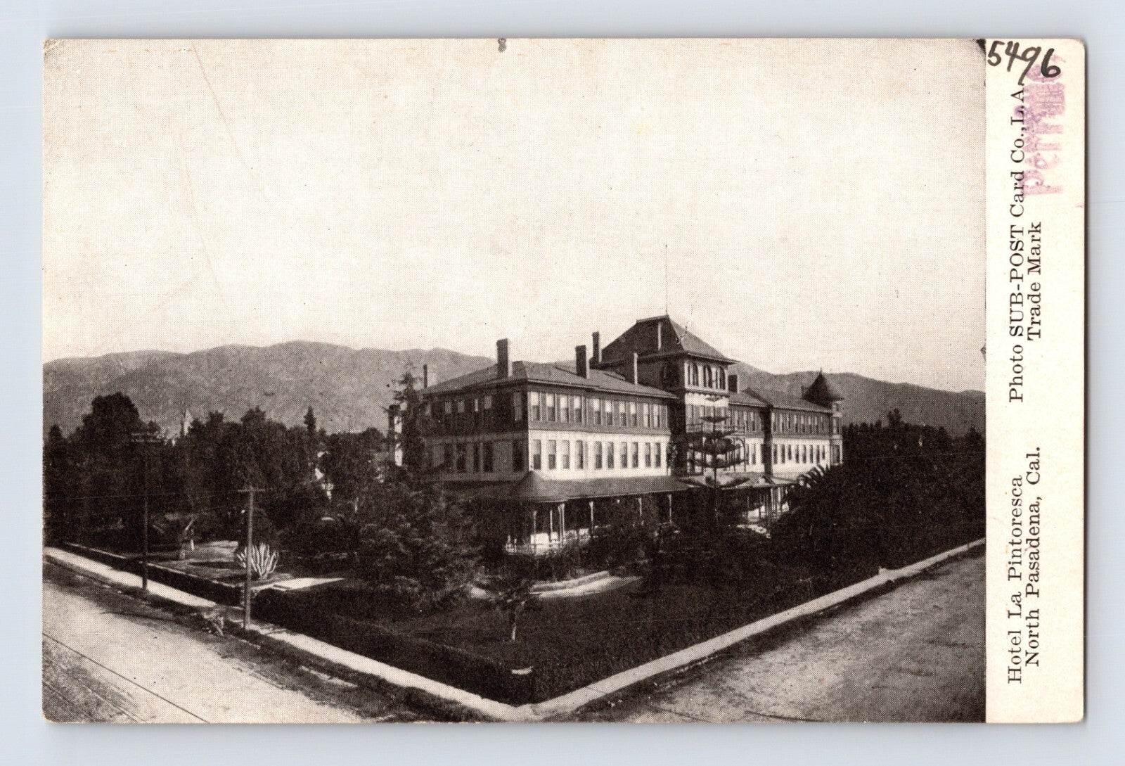 Pasadena California Hotel La Pintoresca pre 1907 postcard large hotel building grounds thin paper card