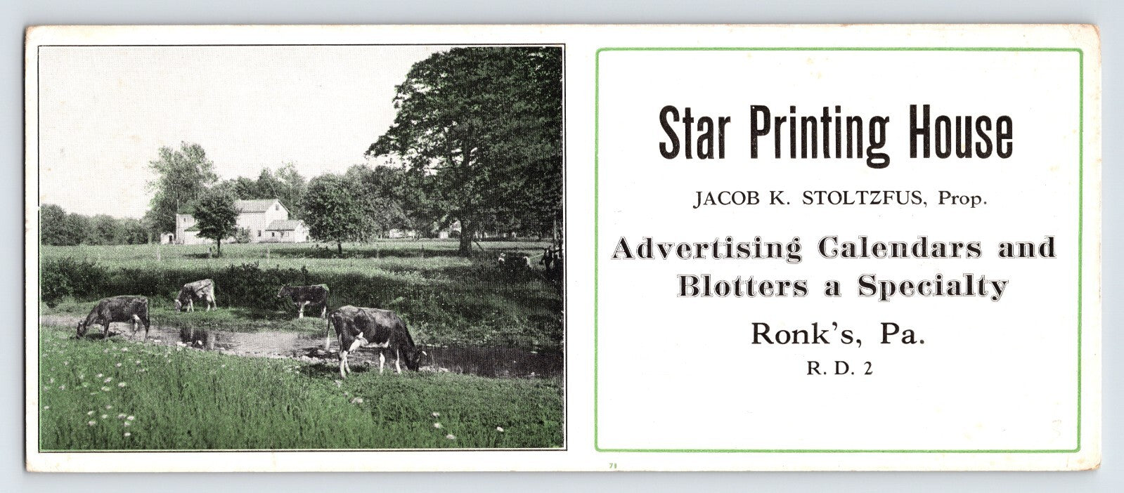 Ronks Pennsylvania Star Printing House advertising blotter 1940s cattle farm scene