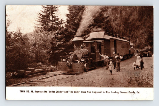 1907 postcard of Train No. 99 Coffee Grinder Dinky at Eaglenest, California with small steam locomotive, wooded hillside, and passengers standing beside tracks