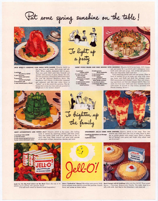 Jell O 1942 print ad with colorful gelatin desserts recipes and Put some spring sunshine on the table slogan