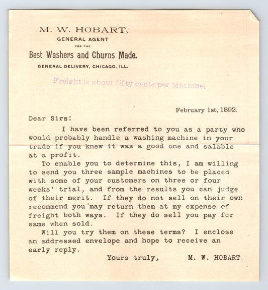 1892 Chicago Illinois M W Hobart washing machine sales letter offering trial machines to dealers with typed text and printed letterhead