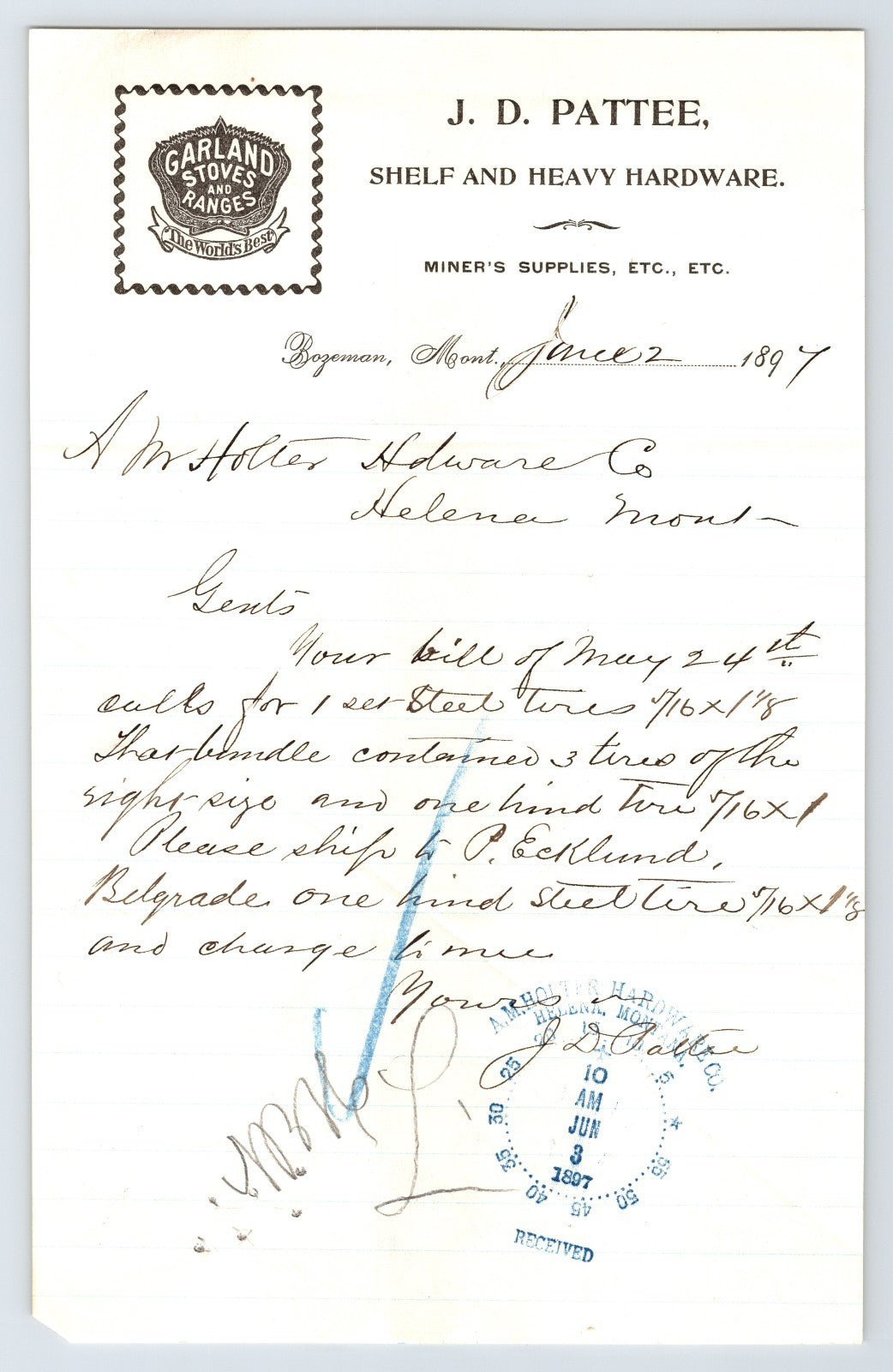 1897 Bozeman Montana J D Pattee Shelf Heavy Hardware Garland Stoves Billhead handwritten letter steel tires Helena