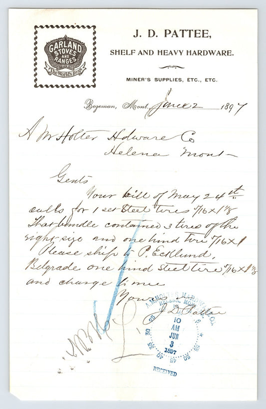 1897 Bozeman Montana J D Pattee Shelf Heavy Hardware Garland Stoves Billhead handwritten letter steel tires Helena