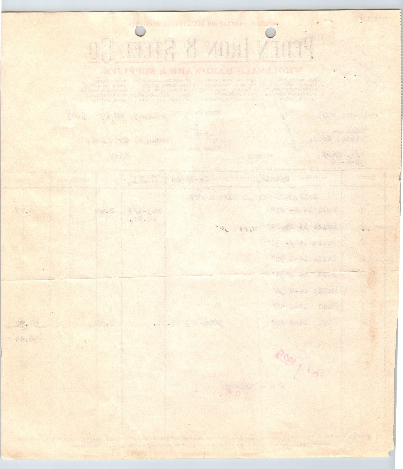 Houston Texas 1925 Peden Iron Steel Co Invoice Galvanized Screen Wire 8.5 x 11