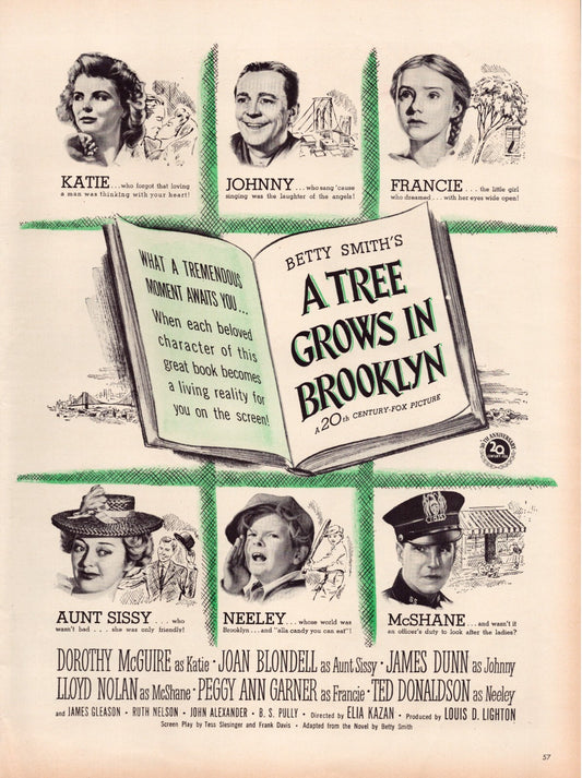 A Tree Grows in Brooklyn 1945 film print ad cast portraits book illustration layout